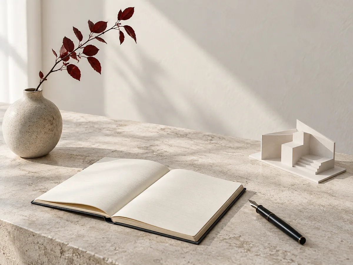 Illustration fictive d’un carnet, d’un stylo et d’une maquette en papier